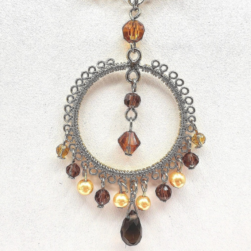 Vintage 90s Cookie Lee Amber Glass Gold Tone Round Pendant Necklace Boho Jewelry